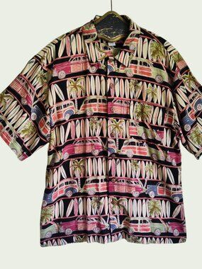 Vintage Weekend Traffic Hawaiian Camp Shirt Retro Woody Surfboard Rayon Linen XL